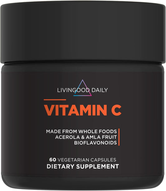 Livingood Daily Vitamin C Supplement, 3-in-1 Whole Food-Based Vitamin C with Acerola & Amla Fruit Extracts and Citrus Bioflavonoids for Immune Support, Vegan, Gluten Free, Non GMO, 60 Capsules