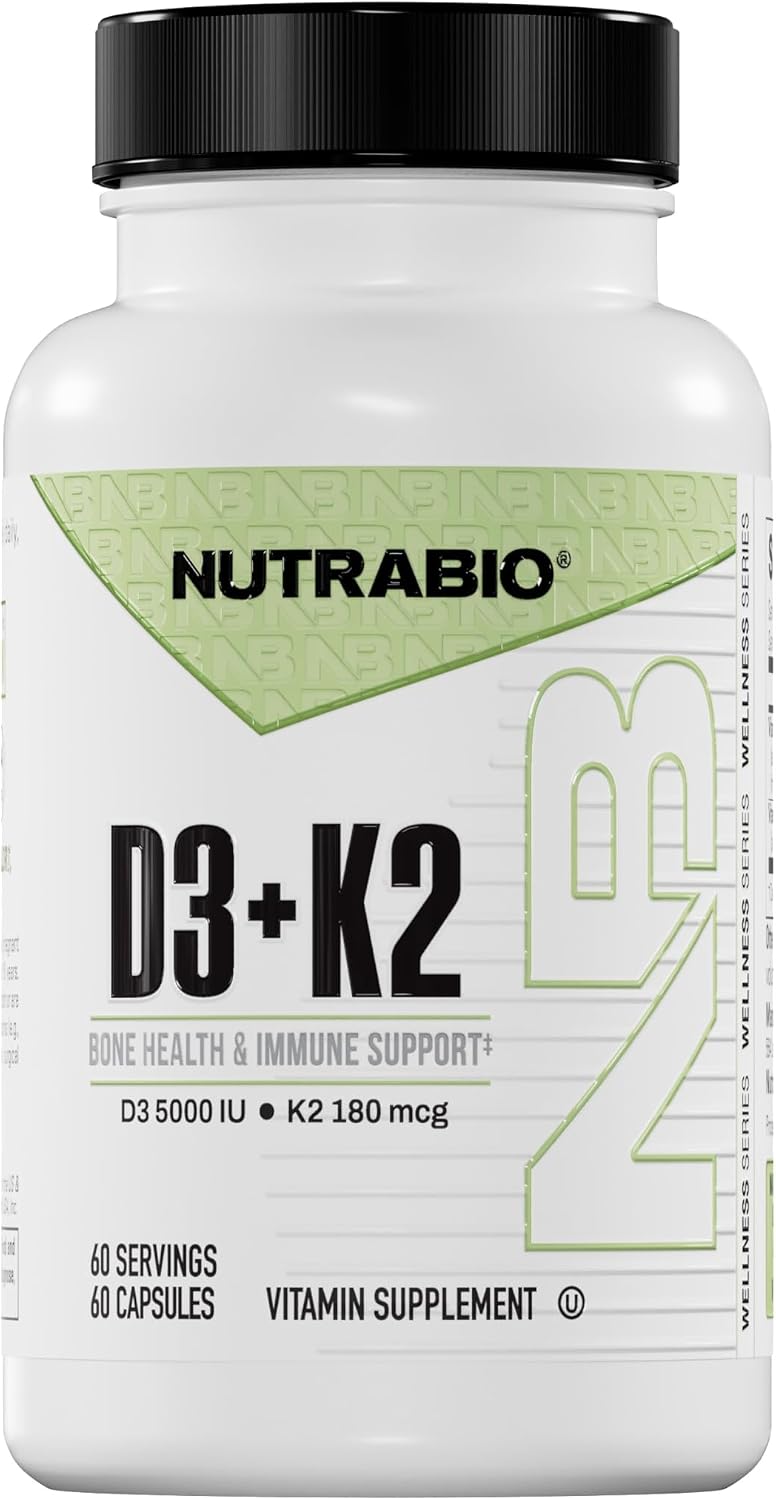 NutraBio Vitamin D3 K2 | 5000 IU D3 as Cholecalciferol with Vitamin K2 as MENA-Q MK7 (180mcg) | Support Bone and Heart Health | Non-GMO, Gluten Free, Lactose Free | 60 Vegetable Capsules