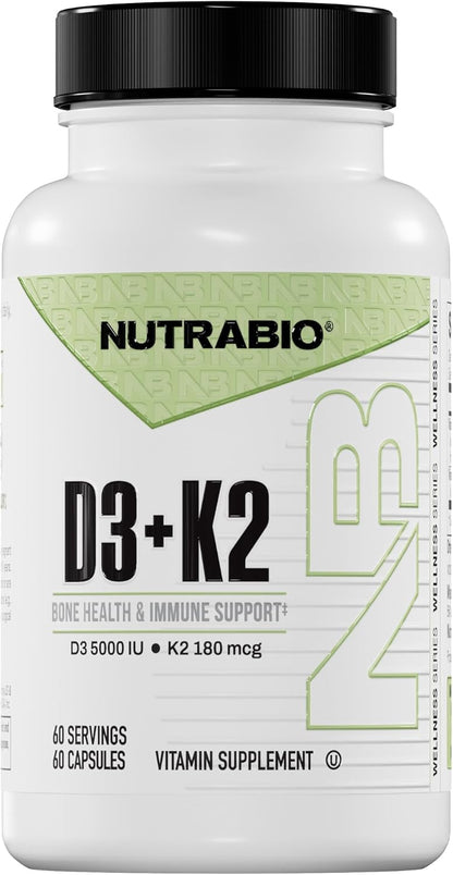 NutraBio Vitamin D3 K2 | 5000 IU D3 as Cholecalciferol with Vitamin K2 as MENA-Q MK7 (180mcg) | Support Bone and Heart Health | Non-GMO, Gluten Free, Lactose Free | 60 Vegetable Capsules