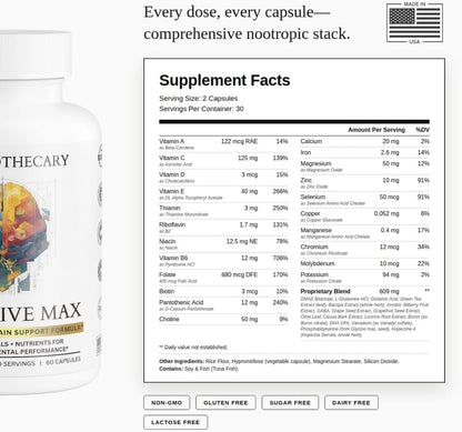 Cognitive Max Dear Apothecary Nootropic Brain Supplement - Focus Memory Clarity Energy Concentration, DMAE Bacopa Phosphatidylserine Huperzine A, Non-GMO Gluten Free, 60 Count