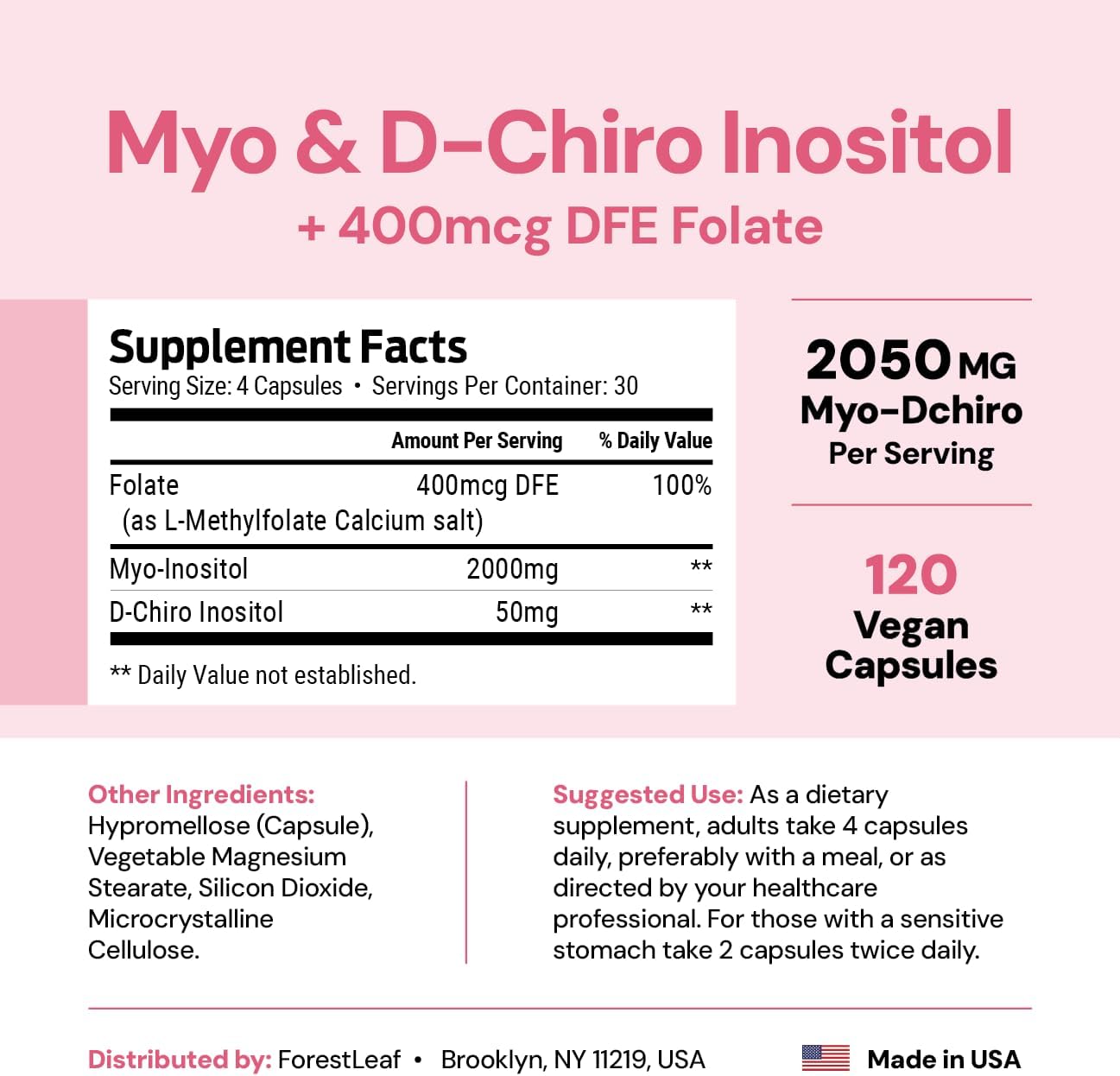 Myo-Inositol & D-Chiro Inositol Supplement for Women's Health | Fertility Supplements Women | Inositol 40:1 Ratio Support Ovarian Function & Healthy Hormone Balance Women | 2050mg | 120 Powder Caps