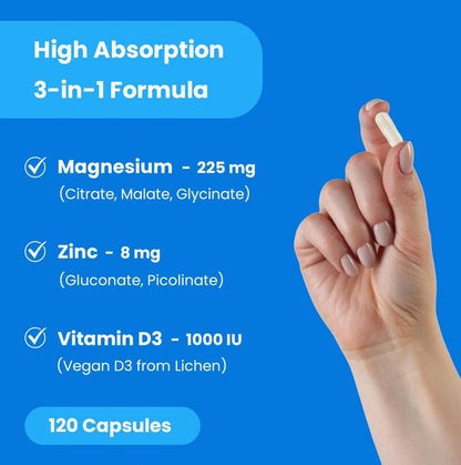 Magnesium Zinc & Vitamin D3 Supplement - Most Bioavailable Forms; Magnesium Glycinate, Malate, Citrate - Bone, Muscle & Heart Health, Immune Support - 120 Vegan Capsules