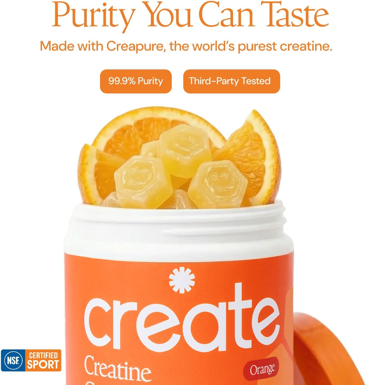 Create Creatine Monohydrate Gummies for Men & Women, Boost Focus, Strength, and Endurance, Anti-Melting Formula, Vegan, Gluten-Free, Non-GMO, 1.5g of Creatine per Gummy (Orange)