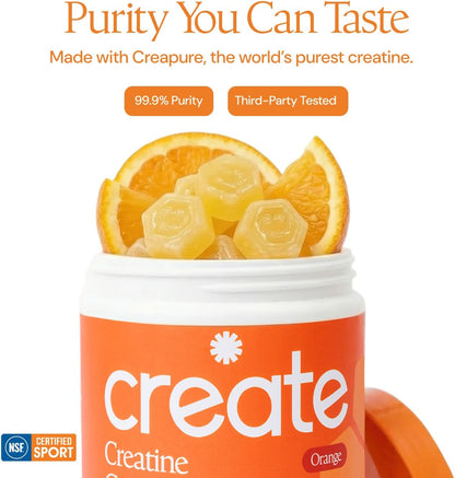 Create Creatine Monohydrate Gummies for Men & Women, Boost Focus, Strength, and Endurance, Anti-Melting Formula, Vegan, Gluten-Free, Non-GMO, 1.5g of Creatine per Gummy (Orange)