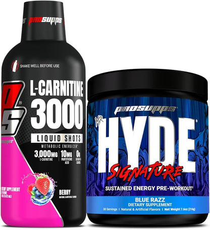 ProSupps L-Carnitine 3000 Stimulant Free Liquid Shots (31 Servings, Berry) and Mr. Hyde Signature Series Pre-Workout Energy Powdered Drink (30 Servings, Blue Razz) Bundle