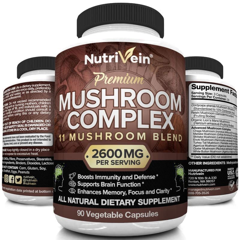 Nutrivein Mushroom Supplement - 2600mg - 90 Capsules - 11 Organic Mushrooms