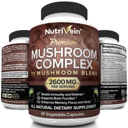 Nutrivein Mushroom Supplement - 2600mg - 90 Capsules - 11 Organic Mushrooms