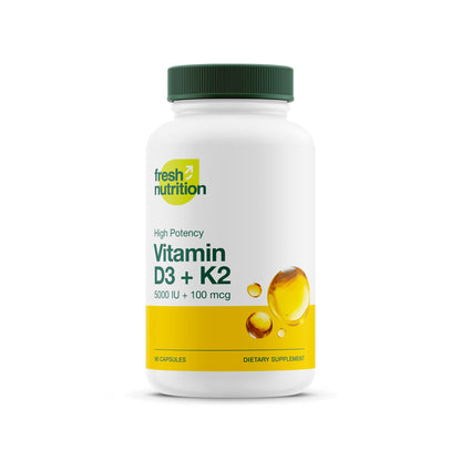 Fresh Nutrition Vegan Vitamin D3 + K2 Capsules - 5000 IU D3 + 100mcg K2 as MK-7 for Optimal Absorption - Immune Health, Bone Health, Mood - Non GMO - 90 Capsules, 3 Month Supply