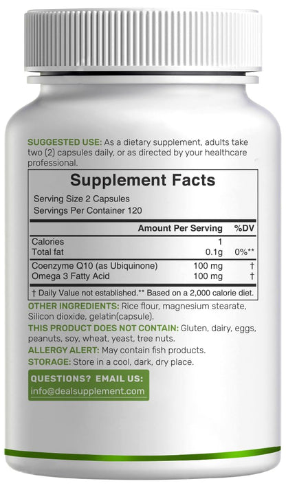 DEAL SUPPLEMENT CoQ10 100mg with Omega 3 100mg, 240 Capsules | Bioavailable Coenzyme Q10 Formula | Non-GMO
