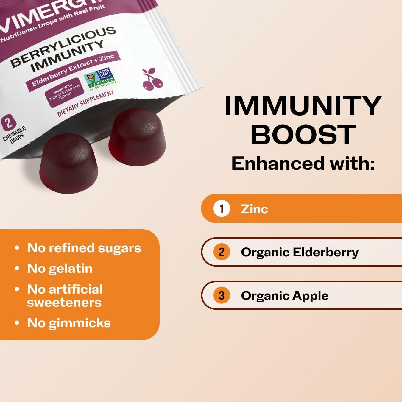 Vimergy NutriDense Berrylicious Immunity* Chewables (500mg Elderberry Extract & 7.5mg Zinc Sulfate per Serving) Vegan, No Artificial Sweeteners, Gluten-Free, Immune Support, 30 Servings (60 Count)