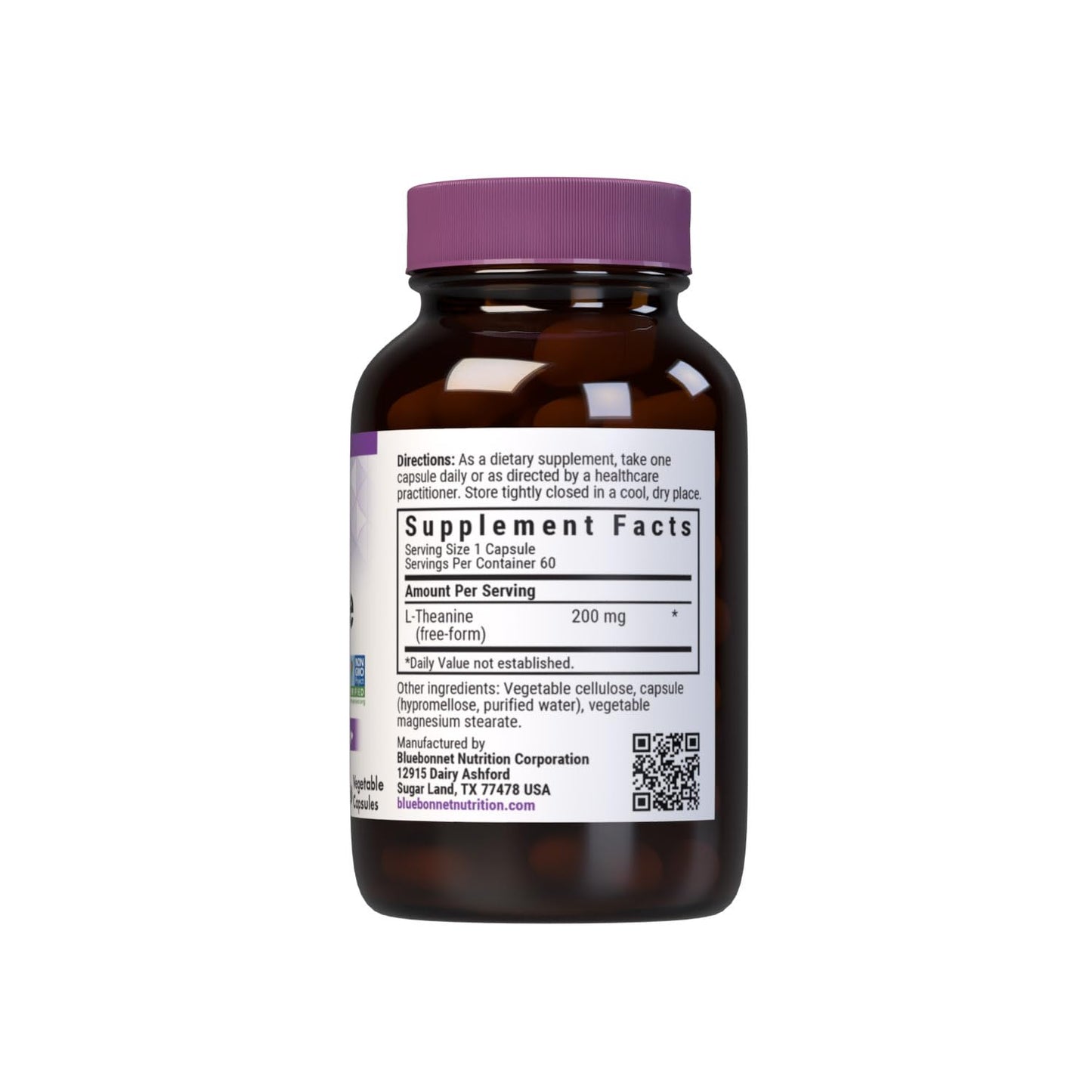 Bluebonnet Nutrition L-Theanine 200mg, Free-Form Amino Acid, Promotes Relaxation*, Soy-Free, Gluten-Free, Non-GMO, Kosher Certified, Vegan, 60 Vegetable Capsules, 60 Servings