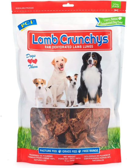PCI Pet Center Inc Lamb Crunchys raw dehydrated Lamb Dog Treats, 16 oz Pack | Made in USA dog treats from single-ingredient lamb lung, for dogs of all ages - can be used for training or daily treats