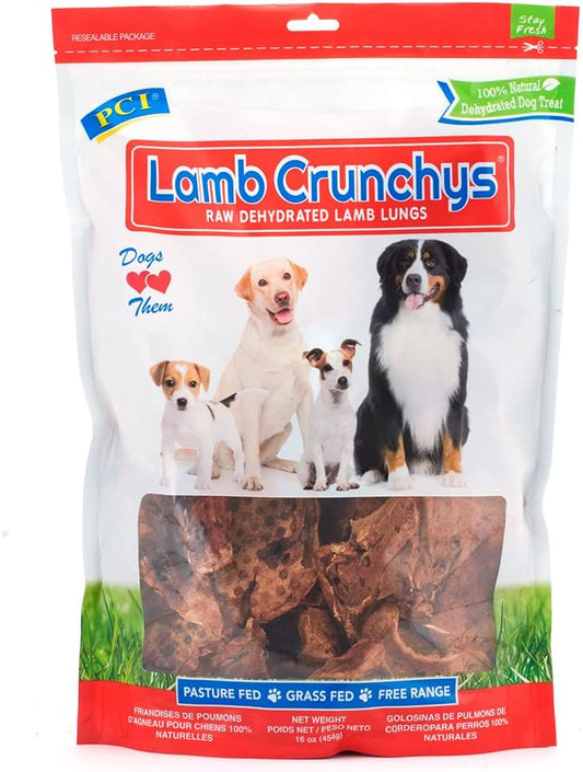 PCI Pet Center Inc Lamb Crunchys raw dehydrated Lamb Dog Treats, 16 oz Pack | Made in USA dog treats from single-ingredient lamb lung, for dogs of all ages - can be used for training or daily treats