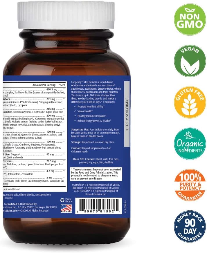 PURE ESSENCE LABS Longevity Multivitamin for Men Over 40 - Super Energetic with Superfoods, Minerals, Enzymes, Vitamin D3, B12, Biotin - 120 Tablets