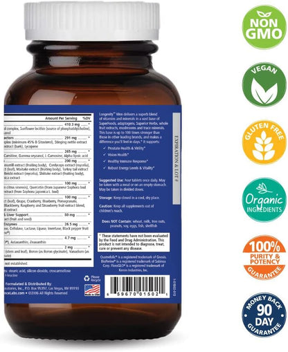 PURE ESSENCE LABS Longevity Multivitamin for Men Over 40 - Super Energetic with Superfoods, Minerals, Enzymes, Vitamin D3, B12, Biotin - 120 Tablets