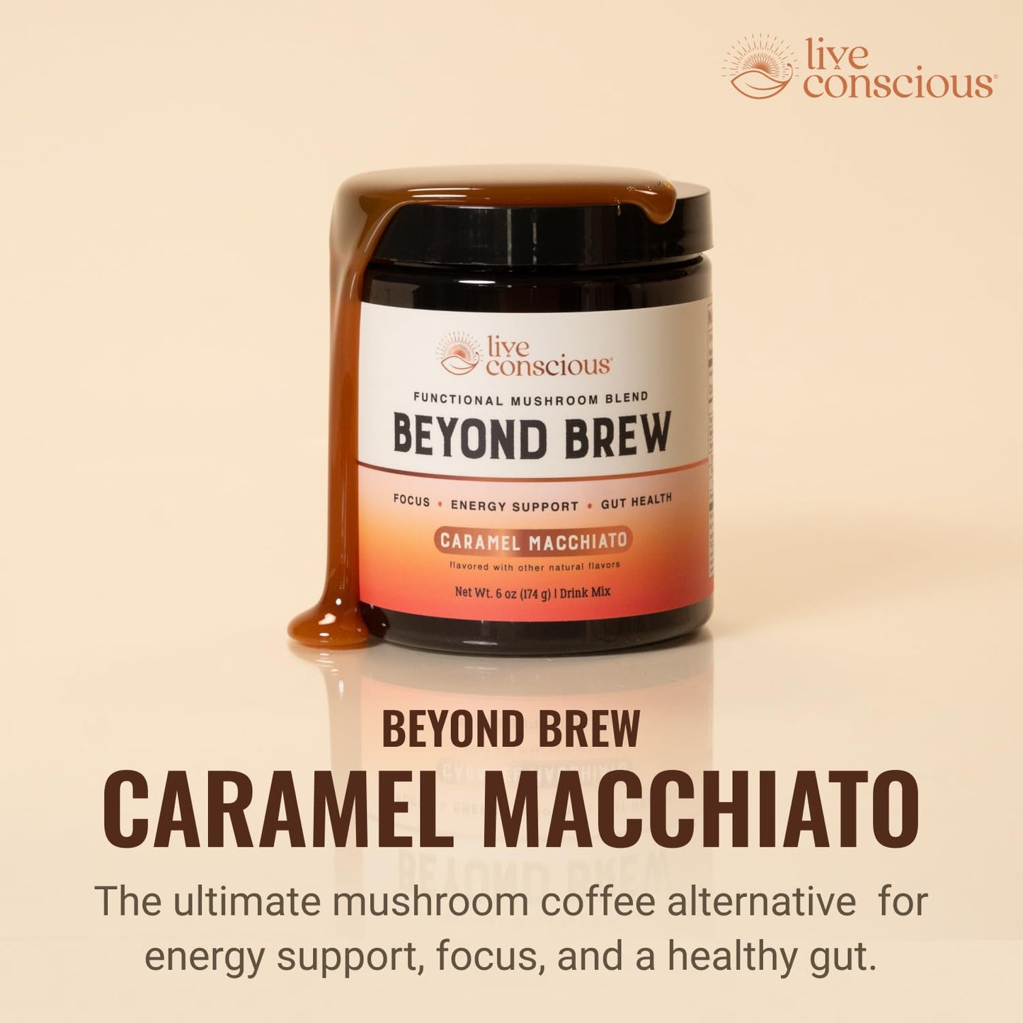 Live Conscious Beyond Brew - Coffee Alternative - Low Caffeine - Mushroom Complex w/Lion’s Mane, Reishi, Cordyceps & Chaga for Sustained Focus, Energy & Immunity - w/Prebiotics & Probiotics - 30