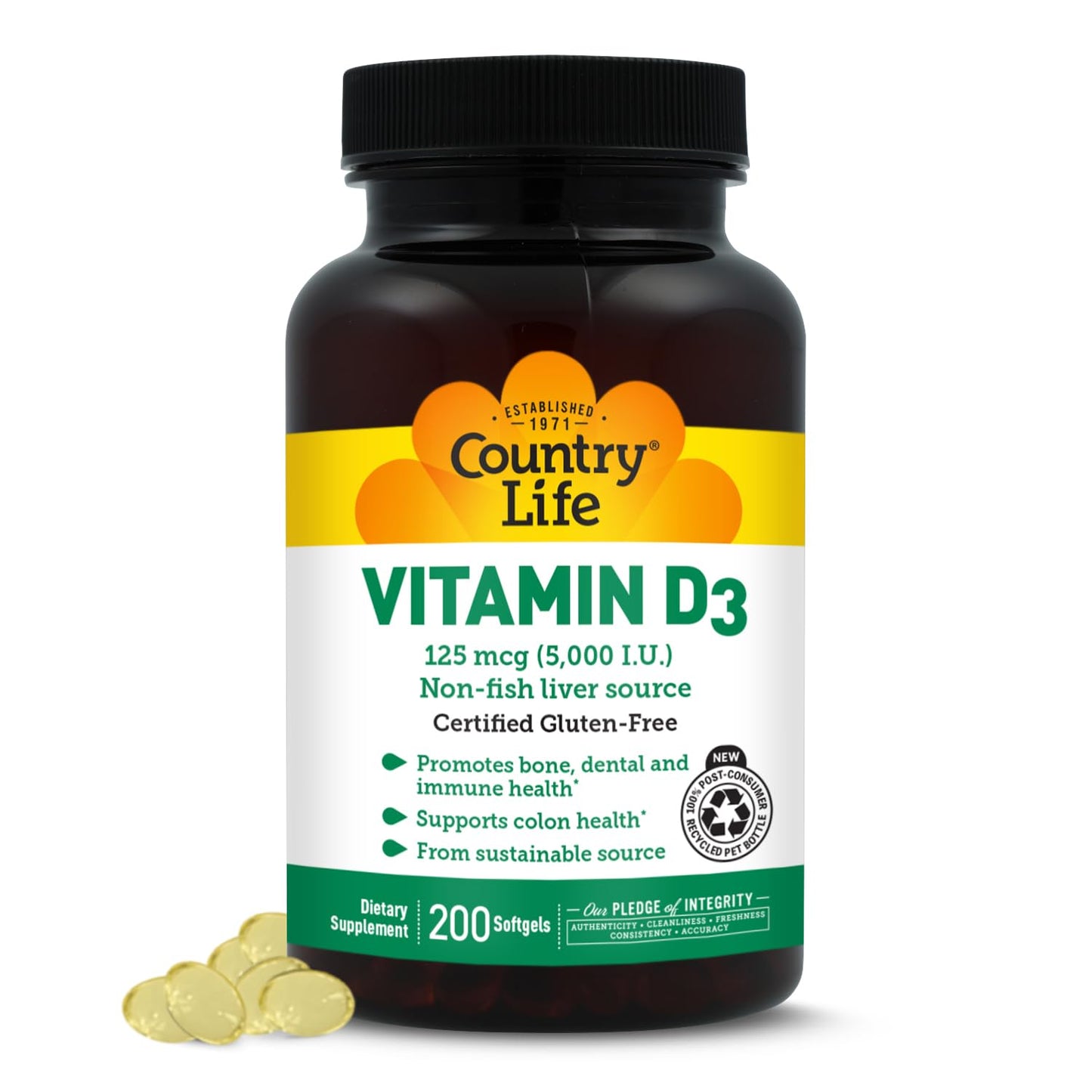 Country Life Vitamin D3 5000 IU for Immune and Bone Health, Calcium Absorption, and Colon Health - Sustainable Source from Lanolin, Available in Various Strengths