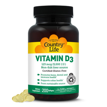 Country Life Vitamin D3 5000 IU for Immune and Bone Health, Calcium Absorption, and Colon Health - Sustainable Source from Lanolin, Available in Various Strengths