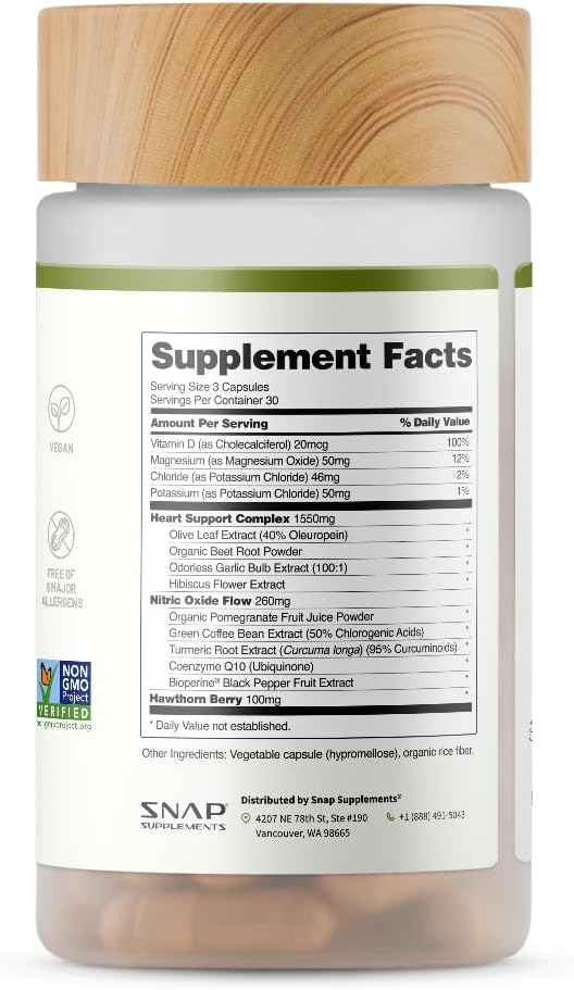 Snap Supplements Heart Health Support Supplement with Beets, 90 Capsules | Botanical Support for Heart Health, Healthy Circulation, and Nitric Oxide Levels, Vegan, Non-GMO (Packaging May Vary)