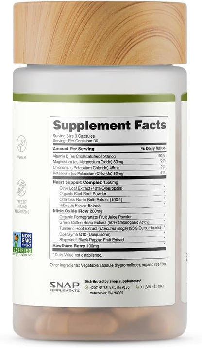 Snap Supplements Heart Health Support Supplement with Beets, 90 Capsules | Botanical Support for Heart Health, Healthy Circulation, and Nitric Oxide Levels, Vegan, Non-GMO (Packaging May Vary)
