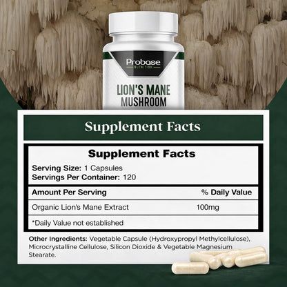 Probase Nutrition Lions Mane Mushroom Cognition | Brain Supplement, Brain Vitamins, Focus Supplement - 100mg per Capsule - 4 Month Supply 120 Count