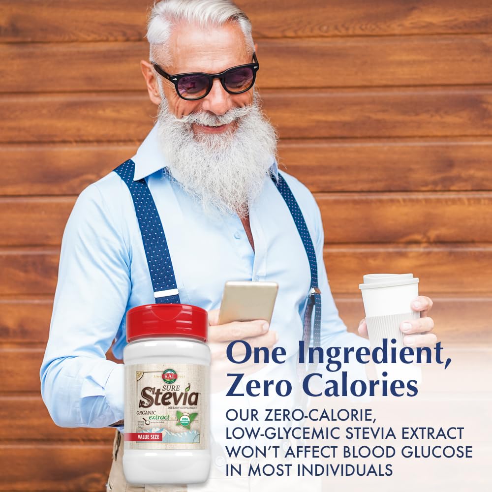 KAL Sure Stevia Extract Powder, Low Carb, Plant Based Stevia Sweetener, Great Taste, Zero Calories, Zero Sugar, Low Glycemic & Perfect for a Keto Diet, 60-Day Guarantee, Approx. 1820 Servings, 3.5oz