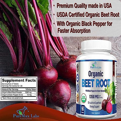 YUMMYVITE Organic Beet Root Powder Tablets - 1350mg with Black Pepper for Faster