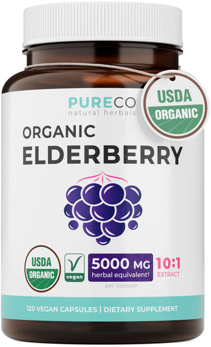 PURE CO Organic Elderberry 10:1 Extract 500mg Per 1 Capsule Serving - Vegan Black Elderberry Supplement for Immune Support, Allergy, Sinus Relief - Sambucus Nigra - 30 Caps
