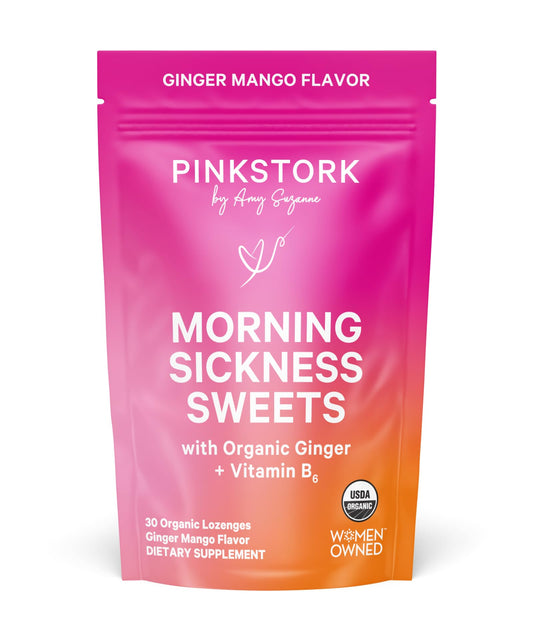 Pink Stork Morning Sickness Sweets Organic Raspberry Ginger, 30 Count | USDA Organic Ginger + Vitamin B6, Motion Sickness Support, Digestive Comfort + Heartburn Support, 30 Wrapped Drops