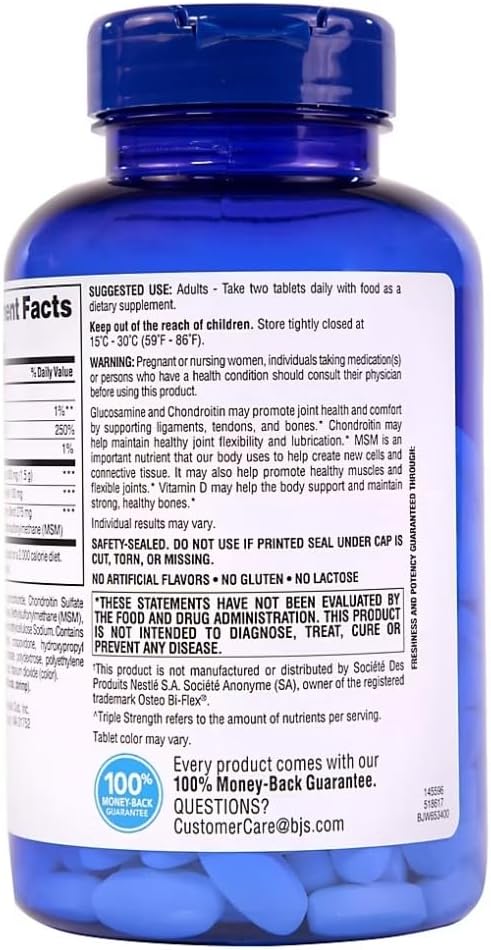 Berkley Jensen Glucosamine Chondroitin Triple Strength Complex with MSM and D3 Joint Supplement Tablets for Joint Support and Cartilages, NSF Certified, 200 Count (Pack of 1)