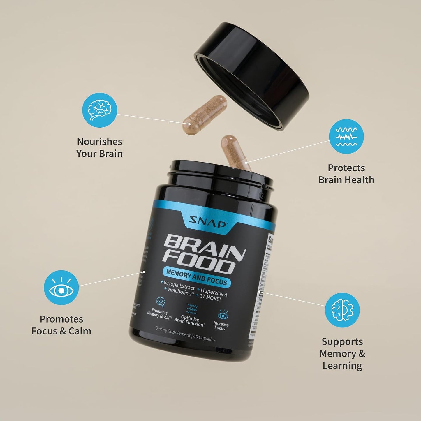 Snap Supplements Brain Booster Nootropics Supplement, 60 Vegan Capsules | Bacopa Extract, Huperzine A, Vitacholine, Ginkgo Biloba, Gluten-Free, Non-GMO, Free of Major Allergens