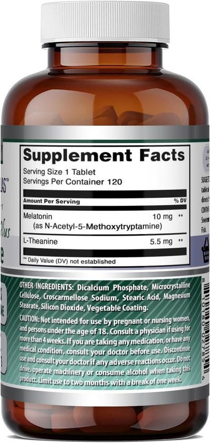 Amazing Formulas Melatonin 10 Mg Plus L-Theanine 5.5 Mg Supplement | Tablets | Non-GMO | Gluten Free | Made in USA | (1 Pack, 120 Tablets)