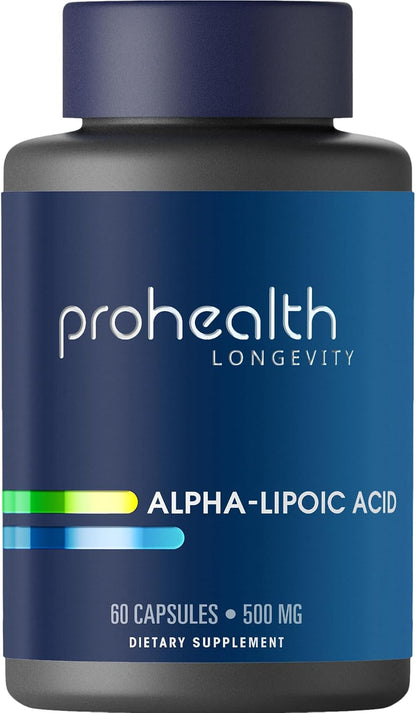 ProHealth Alpha Lipoic Acid High Potency 500mg Promotes Metabolism, Younger Looking Skin, and Cellular Energy. Fights Fatigue and Brain Fog. Protects Heart, Brain, and Liver Health. 60 Servings.
