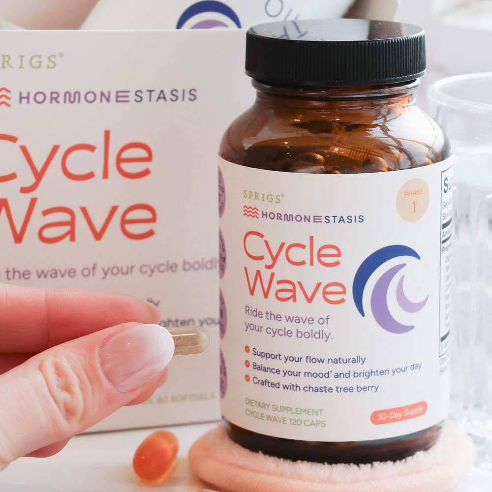 SPRIGS Cycle Wave Phase 1 Hormonal Support Kit for Tween Girls | Supplements to Promote a Healthy Menstrual Cycle & Balance Mood | 120 Herbal Capsules & 60 Wheat Germ Oil Softgels for a 30 Day Supply