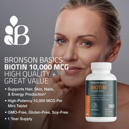 Bronson Biotin 10,000mcg Hair Skin and Nails Vitamins, 150 Tablets | Vegetarian Beauty Support, Non-GMO, Gluten-Free, Soy-Free, Supports Healthy Hair, Skin and Nails