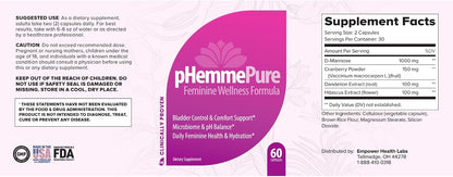 pHemmePure Advanced Feminine Balance Formula with D-Mannose Cranberry Extract Hibiscus & Dandelion - Daily Urinary Tract Support for Women - Promotes Healthy Vaginal pH & Bladder Comfort - 60 Capsules