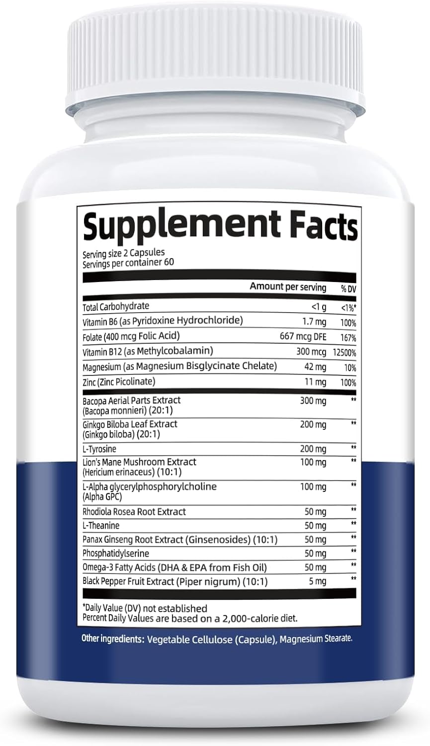 Brain Supplements for Memory and Focus | Nootropic with Bacopa Monnieri, Lion's Mane, Alpha GPC, Ginkgo Biloba | Mental Clarity & Cognitive Support | Vitamin B6 & B12 Neuro Health - Non-GMO, 120 Caps