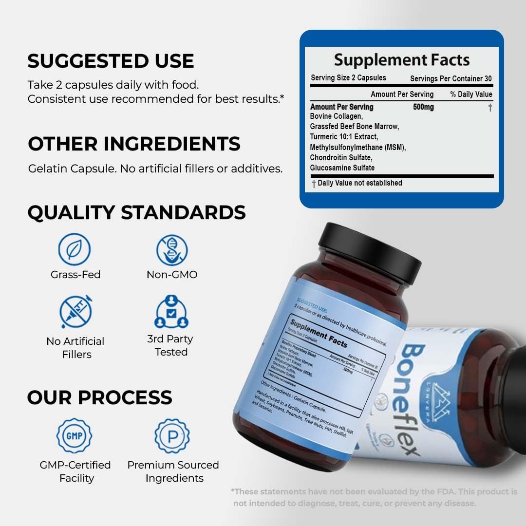 Lonvera Boneflex Glucosamine Chondroitin MSM Turmeric Joint Support Supplement with Grass Fed Bone Marrow and Collagen - Joint Supplements for Men and Women, 60 Capsules