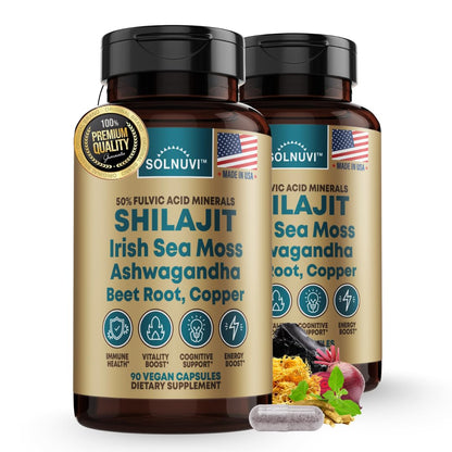 Shilajit Pure Himalayan Organic Capsules with Irish Sea Moss, Ashwagandha, Copper, Beet Root - Fulvic Acid Trace Minerals Supplement for Men & Women - 90 Count, Non-GMO, Gluten-Free