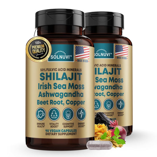 Shilajit Pure Himalayan Organic Capsules with Irish Sea Moss, Ashwagandha, Copper, Beet Root - Fulvic Acid Trace Minerals Supplement for Men & Women - 90 Count, Non-GMO, Gluten-Free