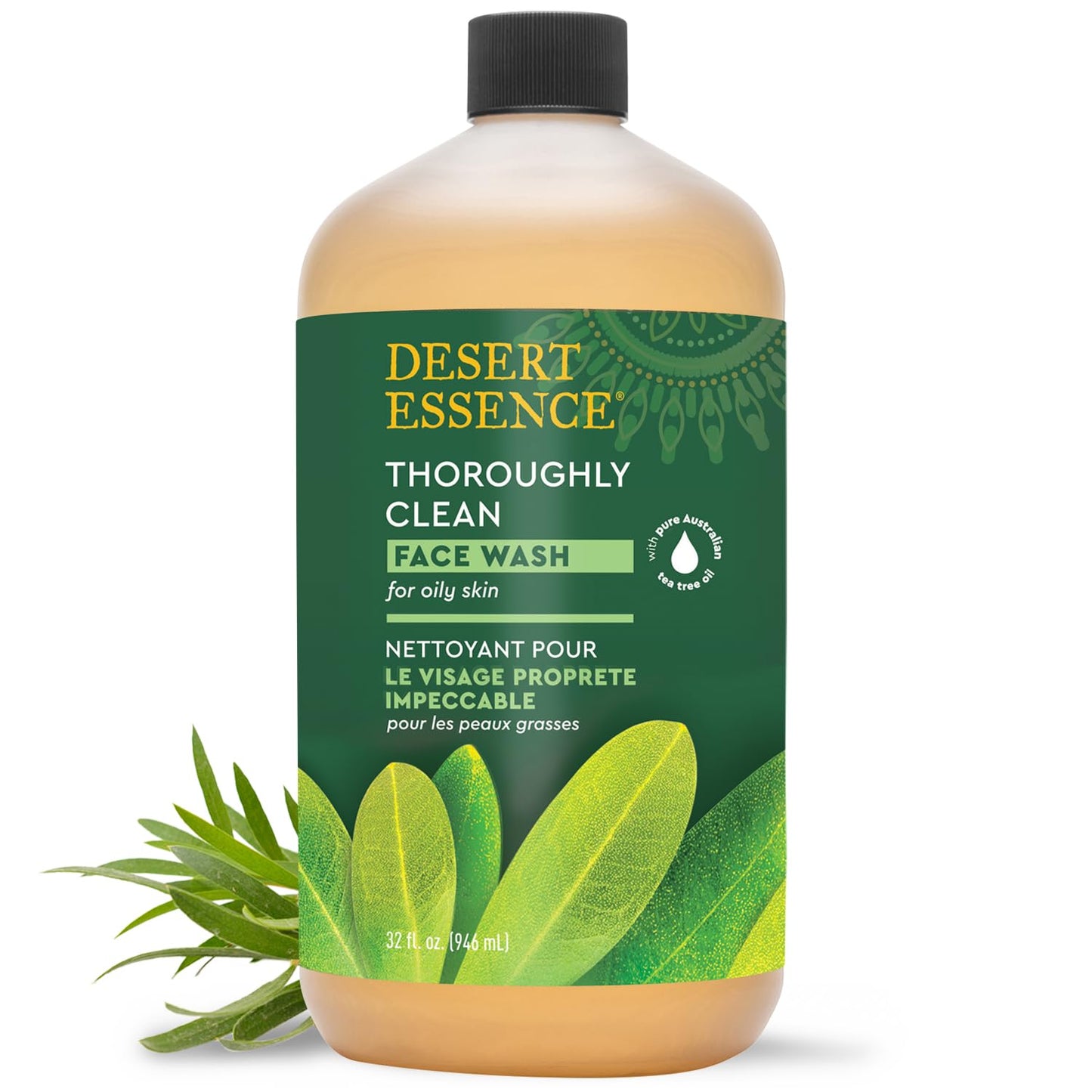 Desert Essence Tea Tree Face Wash 32 fl oz - Facial Cleanser with Natural Tea Tree Oil for Daily Use - Gentle Castile Formula for Sensitive and Oily Skin - Vegan and Cruelty-Free