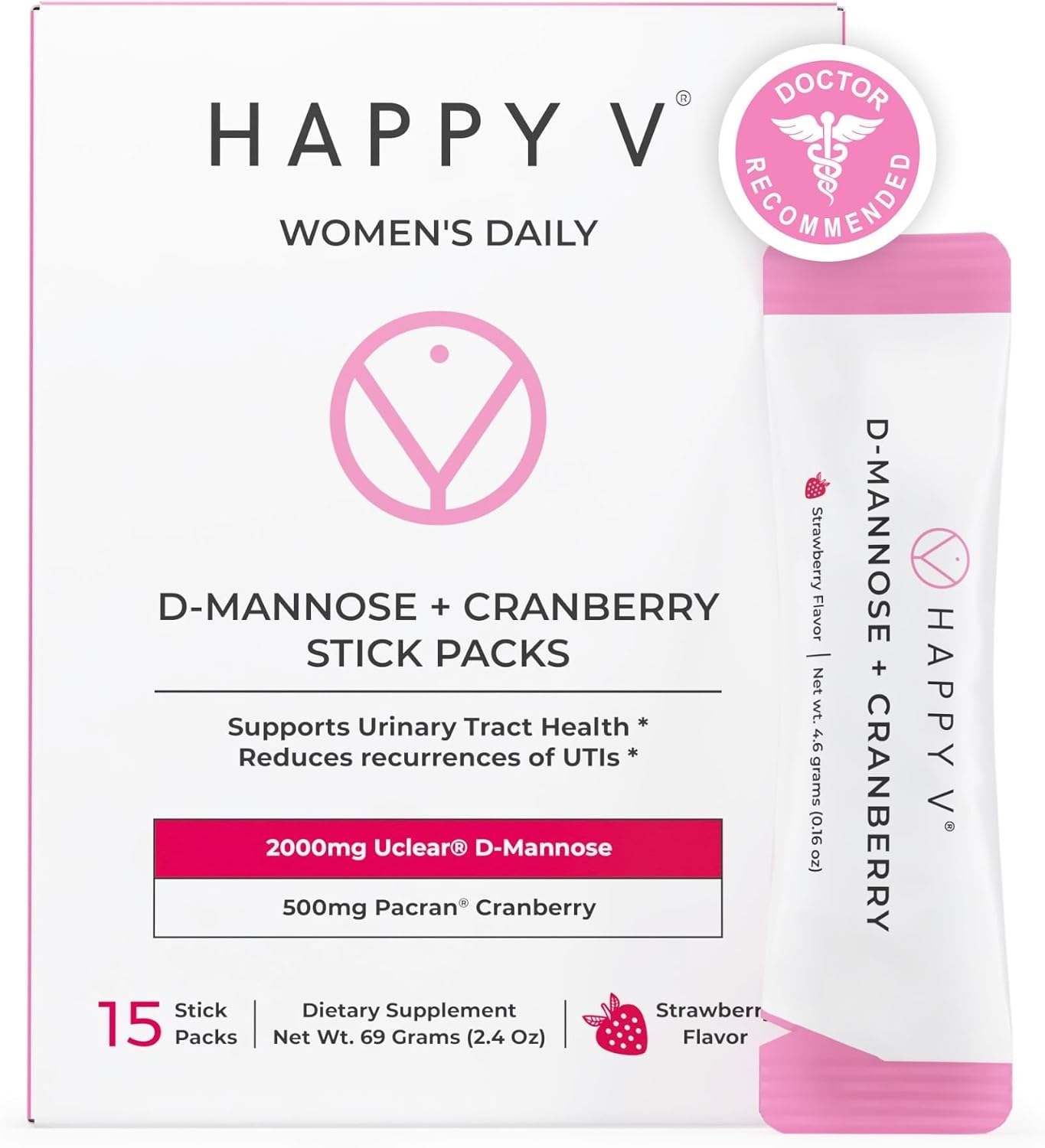 Happy V D-Mannose + Cranberry Stick Packs | Dr Formulated Urinary Tract Support Supplement | D Mannose Supplements for Women - Bladder Support - Promotes Urinary Comfort - 15 Stick Packs
