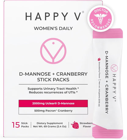 Happy V D-Mannose + Cranberry Stick Packs | Dr Formulated Urinary Tract Support Supplement | D Mannose Supplements for Women - Bladder Support - Promotes Urinary Comfort - 15 Stick Packs