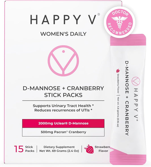 Happy V D-Mannose + Cranberry Stick Packs | Dr Formulated Urinary Tract Support Supplement | D Mannose Supplements for Women - Bladder Support - Promotes Urinary Comfort - 15 Stick Packs