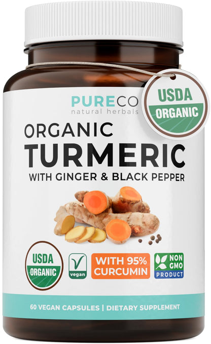 Organic Turmeric Ginger Black Pepper Supplement - High Potency Organic Turmeric Curcumin Capsules with Ginger & Black Pepper for Enhanced Benefits and Absorption - Vegan & Non-GMO (2 Month Supply)