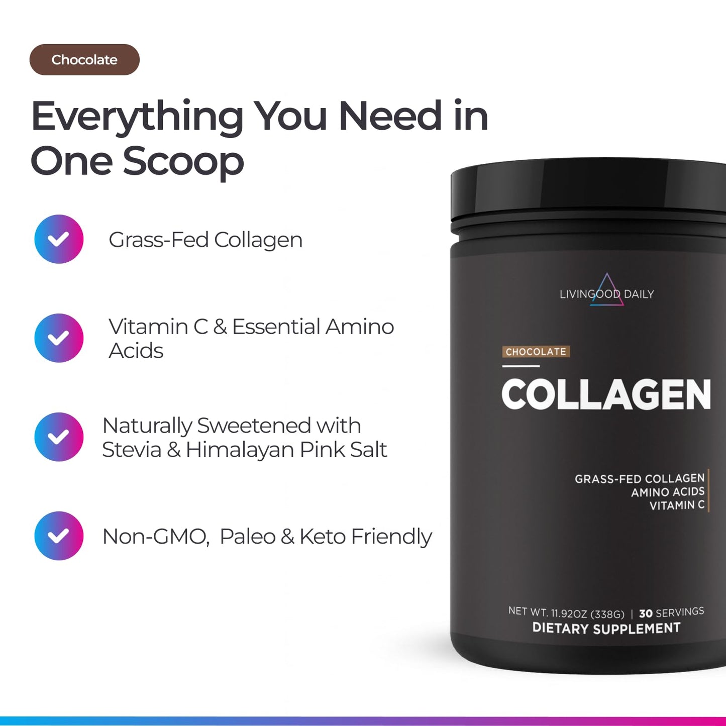 Livingood Daily Vanilla Collagen Powder for Women & Men, Hydrolyzed Collagen Peptides Powder with Vitamin C, Protein with 20 Amino Acids, Type I & III, Grass Fed, Keto, Paleo, Gluten Free, 30 Srvgs