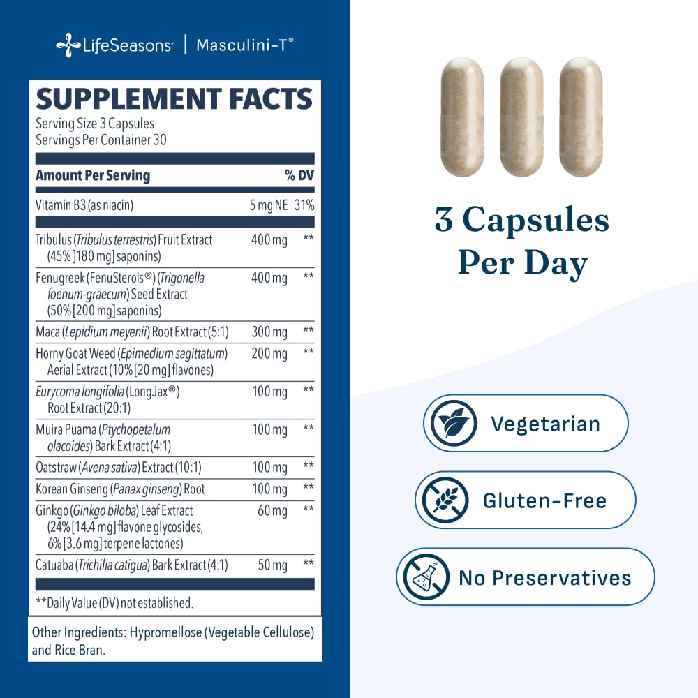 LifeSeasons Masculini-T - Testosterone Support Supplement - Enhances Mental & Physical Aspects of Sexual and Athletic Performance - Supports Normal Erectile Function - Improve Libido - 90 Capsules