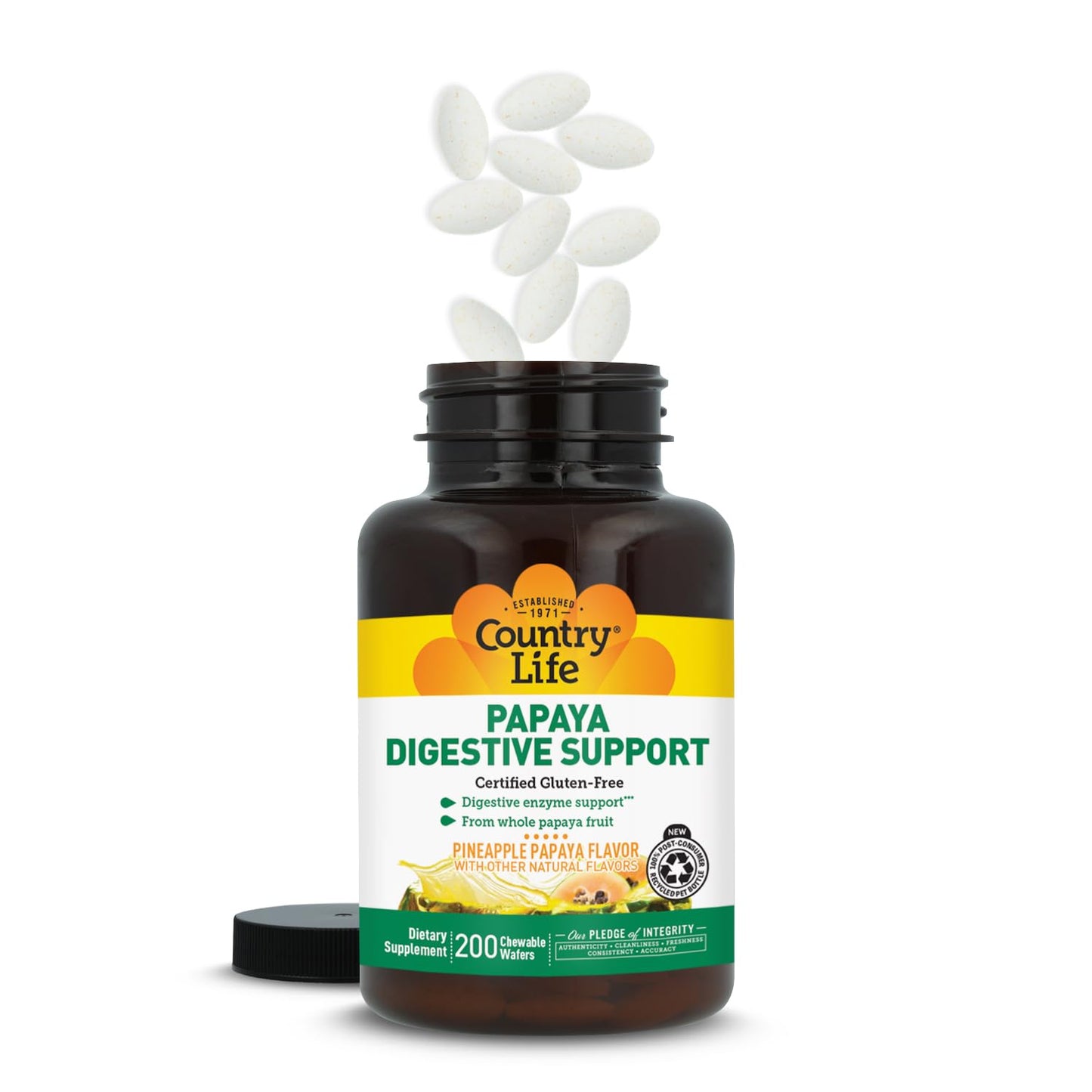 Country Life Papaya Digestive Support, 500 Chewable Wafers | Natural pineapple & papaya Flavor. Assists nutrient absorption, contains papain & protease