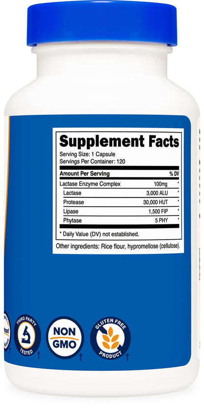 Nutricost Lactase Enzyme Complex 3,000 FCC ALU, 120 Veggie Capsules - Non-GMO