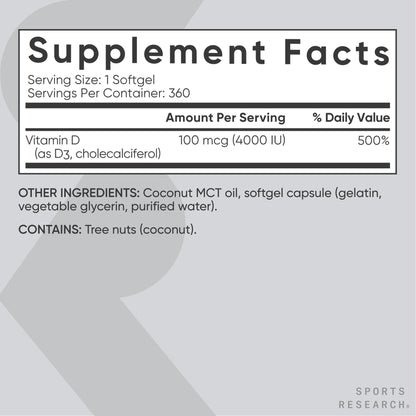 Sports Research Vitamin D3 5000 IU with Coconut MCT Oil - High Potency Vitamin D Supplement for Immune & Bone Support - Non-GMO Verified, Gluten & Soy Free – 125mcg, 360 Liquid Softgels